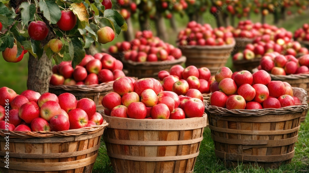 Freshly picked apples in baskets in a scenic orchard, representing the fall harvest Freshly picked apples in baskets in a scenic orchard, representing the fall harvest