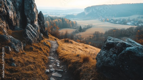 Fototapeta Naklejka Na Ścianę i Meble -  Rocky trail, panoramic valley view.