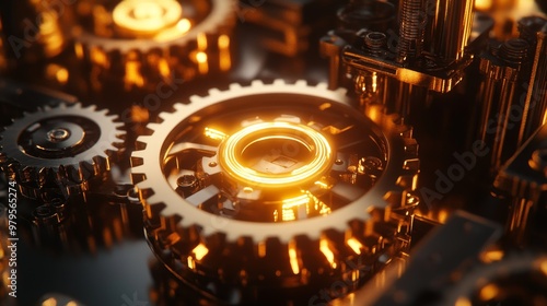 Close-up of shining metallic gears with glowing elements, illustrating mechanical precision and innovation in engineering.