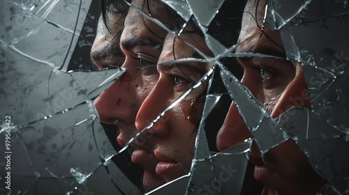 A striking image of a man's fragmented reflection in shattered glass, symbolizing inner conflict and identity.