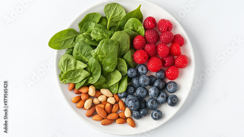 Healthy food plate, fresh spinach, berries and nuts with copy space