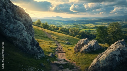 Fototapeta Naklejka Na Ścianę i Meble -  Rocky footpath on hill's edge.