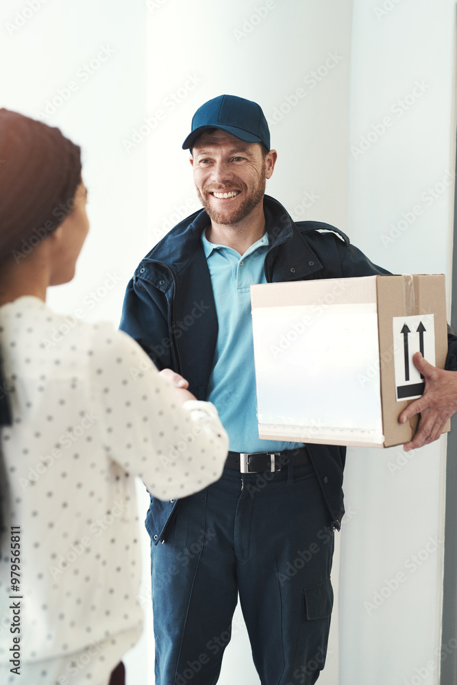 Delivery man, happy woman or customer shaking hands for box, ecommerce or online shopping. Front door, agreement and people greeting for package, goods or courier mail order for shipping in apartment Delivery man, happy woman or customer shaking hands for box, ecommerce or online shopping. Front door, agreement and people greeting for package, goods or courier mail order for shipping in apartment