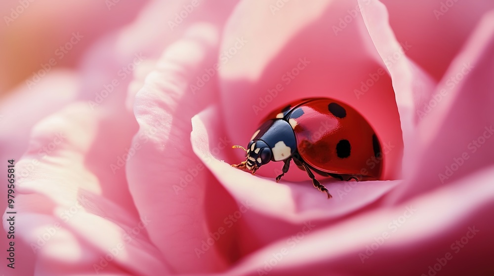 A ladybug nestled in the petals of a pink rose, creating a delicate and charming scene that highlights the natural beauty of both the insect and the flower. A ladybug nestled in the petals of a pink rose, creating a delicate and charming scene that highlights the natural beauty of both the insect and the flower.
