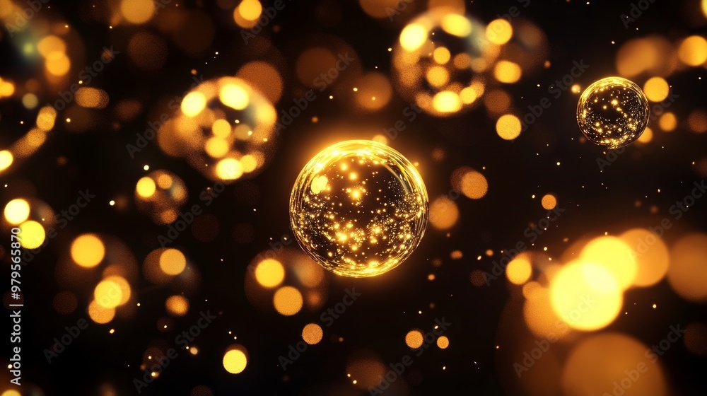 Golden bubbles float in a dark space, creating a mesmerizing and magical atmosphere perfect for backgrounds and designs. Golden bubbles float in a dark space, creating a mesmerizing and magical atmosphere perfect for backgrounds and designs.