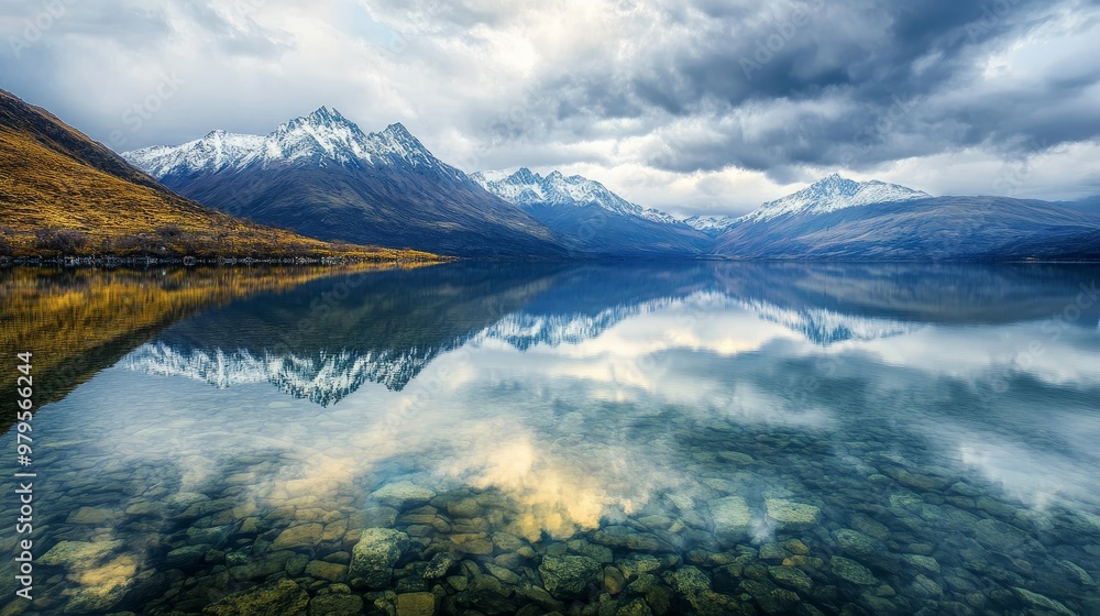 Serene landscape featuring majestic mountains reflecting on a calm lake under a cloudy sky, capturing nature's tranquility. Serene landscape featuring majestic mountains reflecting on a calm lake under a cloudy sky, capturing nature's tranquility.