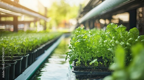 Hydroponic farming system in a high-tech urban farm, with crops growing in nutrient-rich water without soil. -