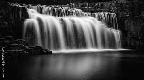 Long exposure shot of a waterfall with silky smooth water flowing over a series of cascading tiers.