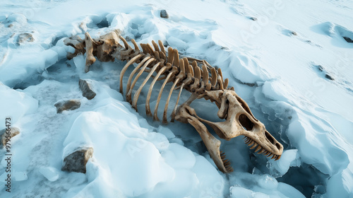 Fototapeta Naklejka Na Ścianę i Meble -  Fossilized dinosaur skeleton partially covered in ice and snow, lying on a frozen, rocky terrain.