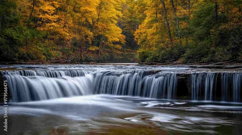 Long exposure shot of a waterfall with silky smooth water flowing over a series of cascading tiers.