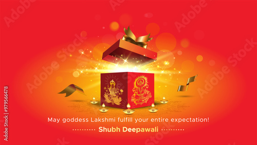 Diwali dhanteras festival creative concept with open gift box and goddess lakshmi and lord ganesha on vibrant red background.