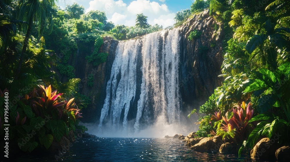 Naklejka premium Majestic waterfall cascading down a rugged cliff surrounded by lush greenery and vibrant foliage.