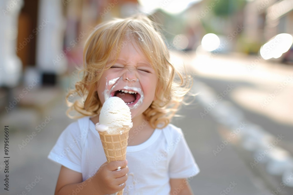 Close-up of charming little boy golden locks radiating innocence. Freshly bathed golden-haired baby looking cheerful and pure. Little one can't get enough of their ice cream. Close-up of charming little boy golden locks radiating innocence. Freshly bathed golden-haired baby looking cheerful and pure. Little one can't get enough of their ice cream.