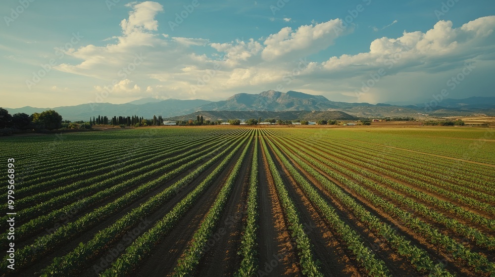 Modern irrigation system watering a large field of crops in a dry region. Modern irrigation system watering a large field of crops in a dry region.