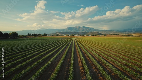 Modern irrigation system watering a large field of crops in a dry region.