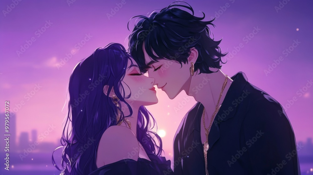 Anime Couple in Trendy Fashion Embracing and Sharing a Romantic Kiss on a Date Anime Couple in Trendy Fashion Embracing and Sharing a Romantic Kiss on a Date