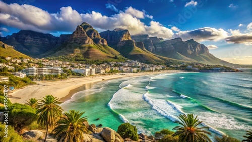 Sandy shoreline meets majestic Table Mountain backdrop in this vibrant daytime scene of Camps Bay Beach, Cape Town, Western Cape, South Africa's premier coastal destination.