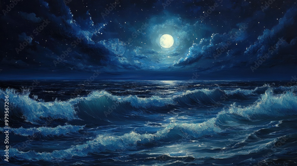 Naklejka premium Ocean waves illuminated by moonlight, creating a peaceful and serene nighttime scene.