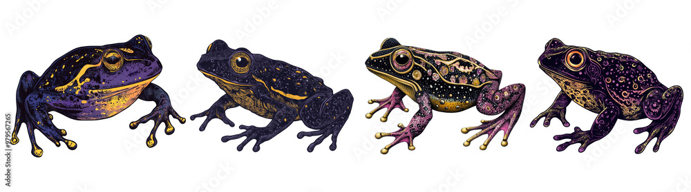 Fototapeta premium PNG colorful illustration of four distinct frogs