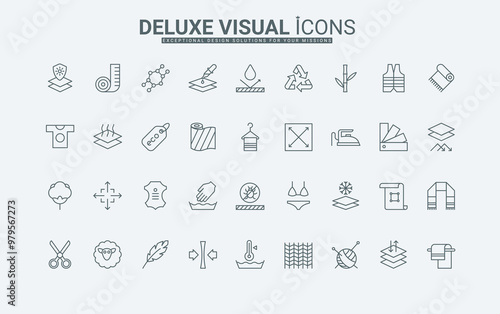 Synthetic and wool, leather and cotton textiles for clothes, breathable material, waterproof and thermal protection thin black and red outline symbol vector illustration. Fabric feature line icons set