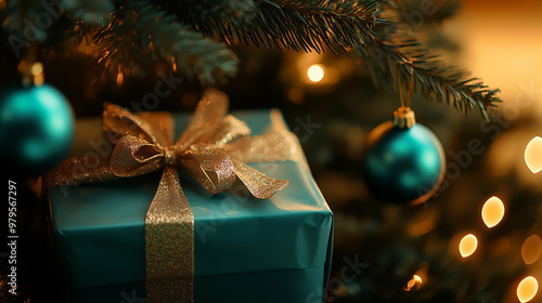 close up of a present wrapped in teal paper sitting under a christmas tree with teal baubles, real photography, warm lighting