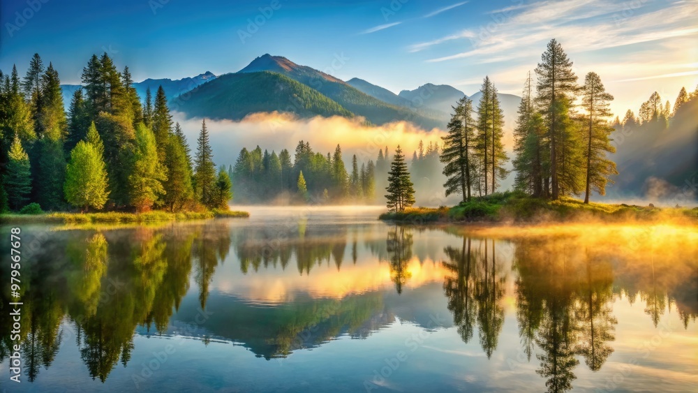Serenene morning scene featuring a misty forest landscape with sunlit trees, foggy valleys, and a calm mountain range reflected in a dew-kissed lake's still waters. Serenene morning scene featuring a misty forest landscape with sunlit trees, foggy valleys, and a calm mountain range reflected in a dew-kissed lake's still waters.