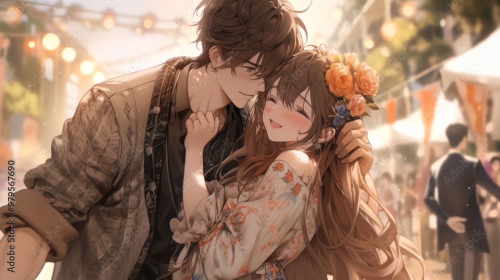 Obraz premium Anime Couple in Trendy Fashion Embracing and Sharing a Romantic Kiss on a Date