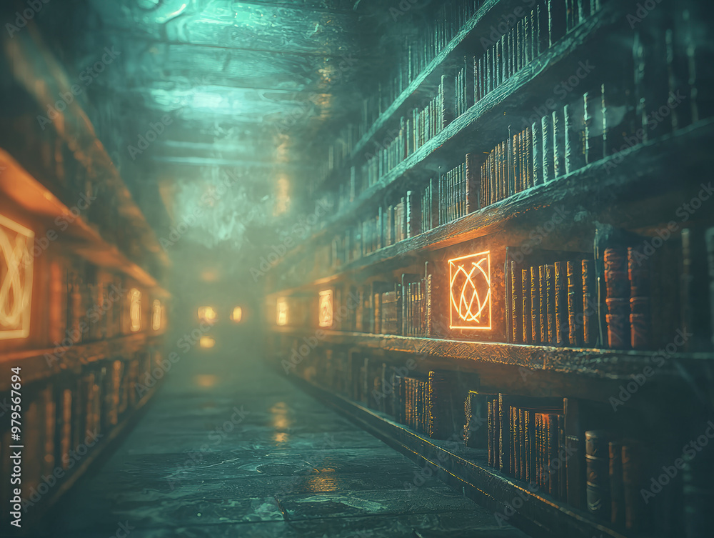 Fototapeta premium Ancient library with floating books and glowing runes creates mystical atmosphere. dimly lit shelves lined with books evoke sense of wonder and curiosity