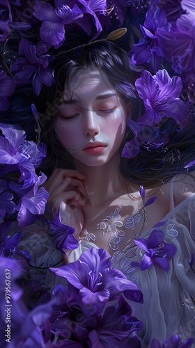 A young woman with long dark hair sleeps peacefully in a bed of purple flowers.