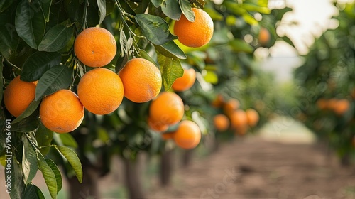 Ripe oranges hanging from trees in an orchard, symbolizing the harvest of citrus fruits.