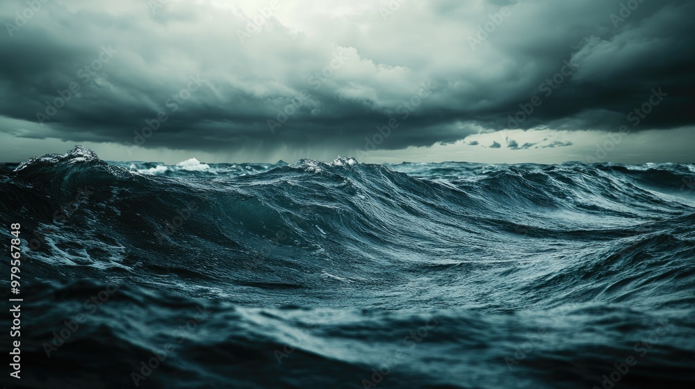 Rolling ocean waves on a stormy day, with dark, ominous clouds in the distance Rolling ocean waves on a stormy day, with dark, ominous clouds in the distance