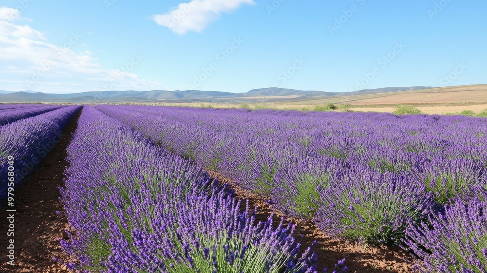 Obraz premium Rows of lavender blooming in a vast agricultural landscape, ready for harvest