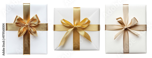 PNG Elegant white gift boxes with golden ribbons photo