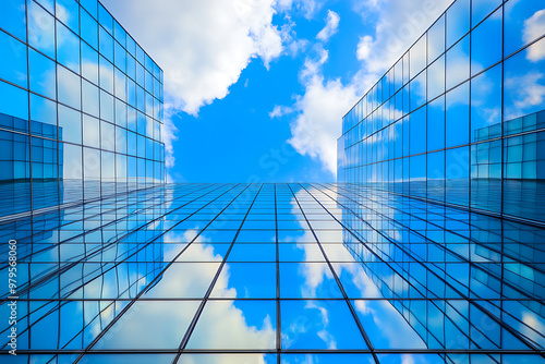 A view looking up at modern glass buildings reflecting the sky and clouds.