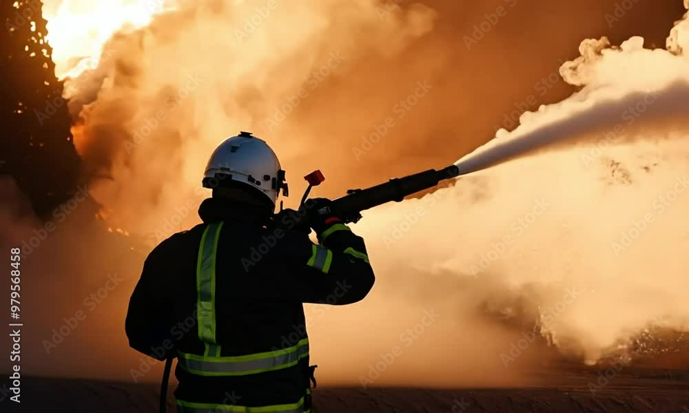 Firefighter aiming hose with water in training exercise