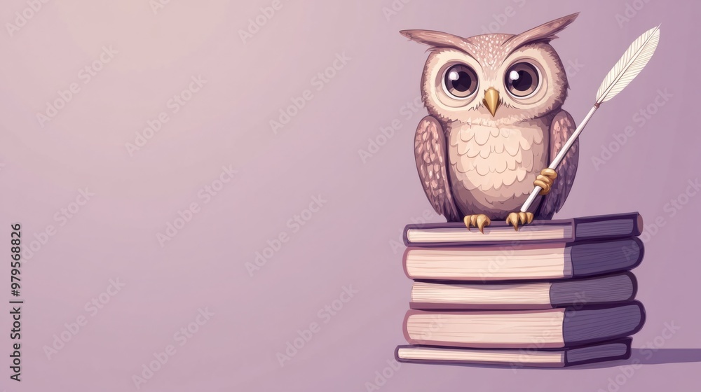 A wise owl cartoon perched on a stack of books, holding a quill, isolated on a pastel purple background. A wise owl cartoon perched on a stack of books, holding a quill, isolated on a pastel purple background.