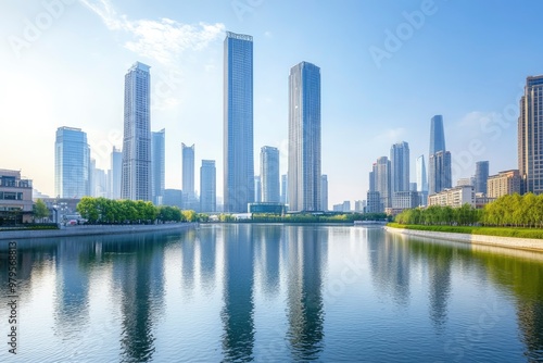 An open view of the river and modern urban architecture skyline panorama in Tianjin China with generative ai