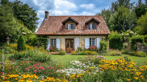 A charming house in the countryside, surrounded by colorful flowers on a sunny summer day.