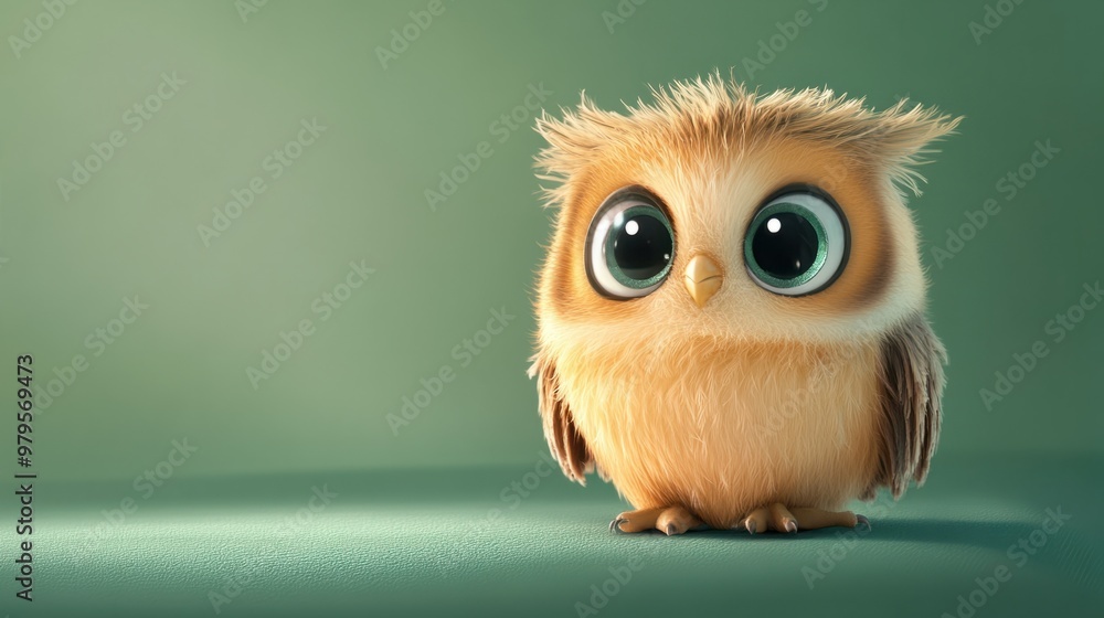 Fototapeta premium A baby owl cartoon character with fluffy feathers, sitting on a pastel green background.