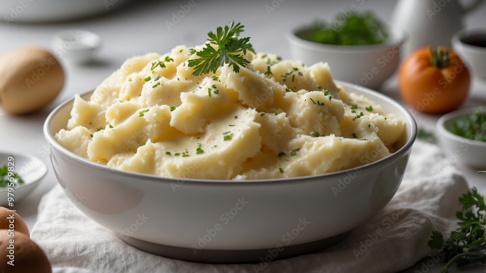 Creamy mashed potatoes in a white kitchen setting Creamy mashed potatoes in a white kitchen setting