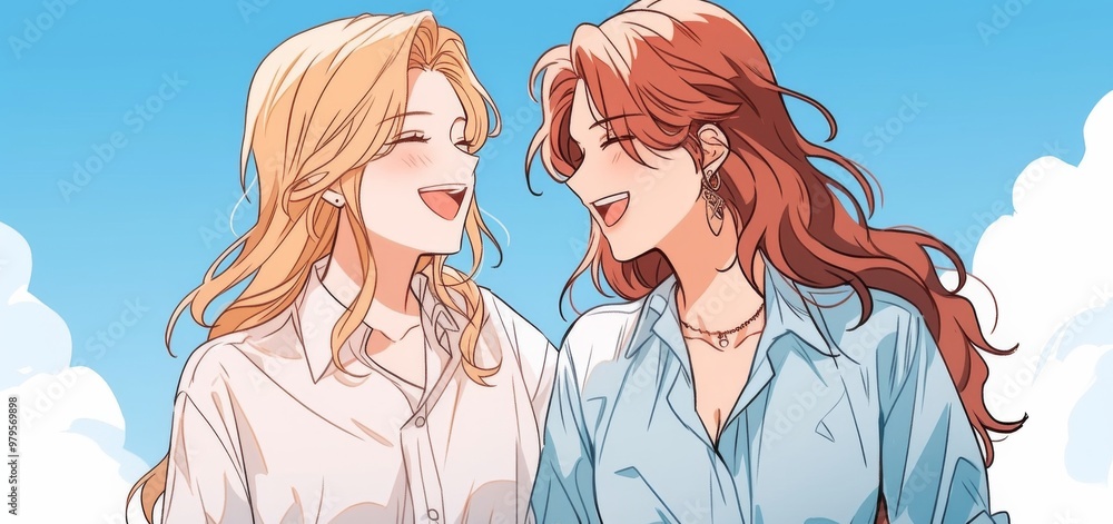 Cheerful Anime Girls with Long Blonde Hair in Pastel Blue Shirts Smiling and Laughing Against a Sky Blue Springtime Background Cheerful Anime Girls with Long Blonde Hair in Pastel Blue Shirts Smiling and Laughing Against a Sky Blue Springtime Background