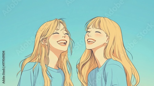 Cheerful Anime Girls with Long Blonde Hair in Pastel Blue Shirts Smiling and Laughing Against a Sky Blue Springtime Background