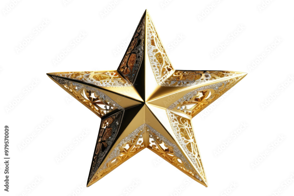 Golden Christmas star, centered and in full view, isolated against a pure white background, high resolution stock photo, capturing the soft glow and intricate details of the star Golden Christmas star, centered and in full view, isolated against a pure white background, high resolution stock photo, capturing the soft glow and intricate details of the star