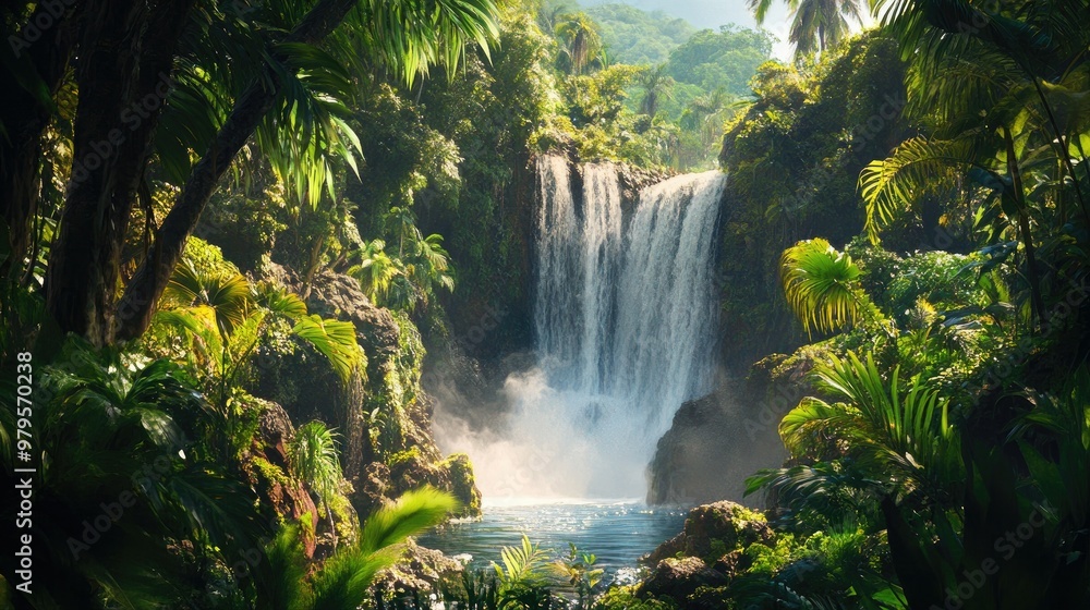 Tropical waterfall hidden within a dense jungle, with exotic plants and trees framing the scene. Tropical waterfall hidden within a dense jungle, with exotic plants and trees framing the scene.