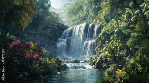 Tropical waterfall hidden within a dense jungle, with exotic plants and trees framing the scene.