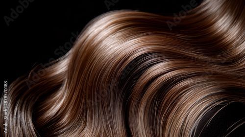 A close-up shot of a beautiful, smooth, brown wavy hair strand. The hair is shiny and healthy, likely from a good shampoo. The photo is taken against a black background.