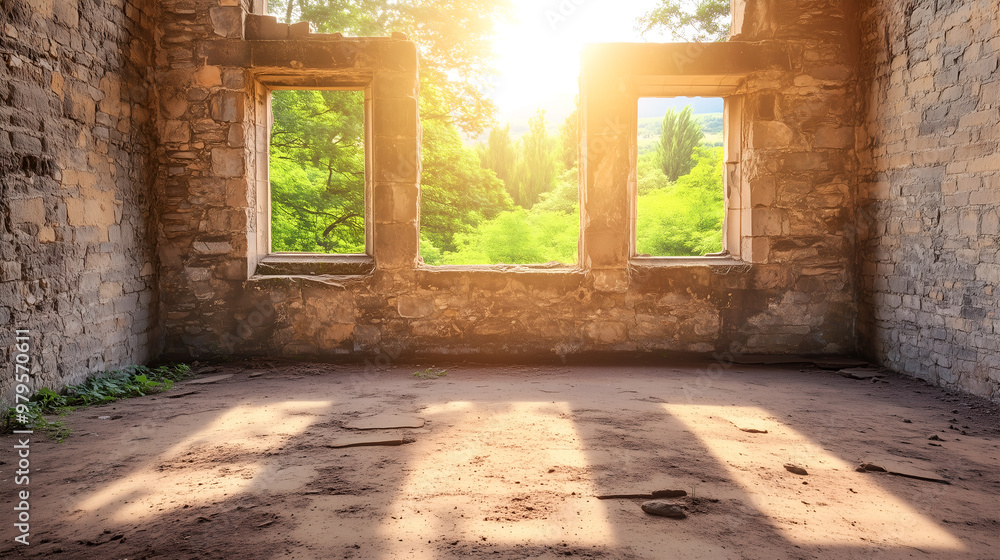 Obraz premium Sunlight streaming through the windows of an ancient, abandoned church surrounded by nature
