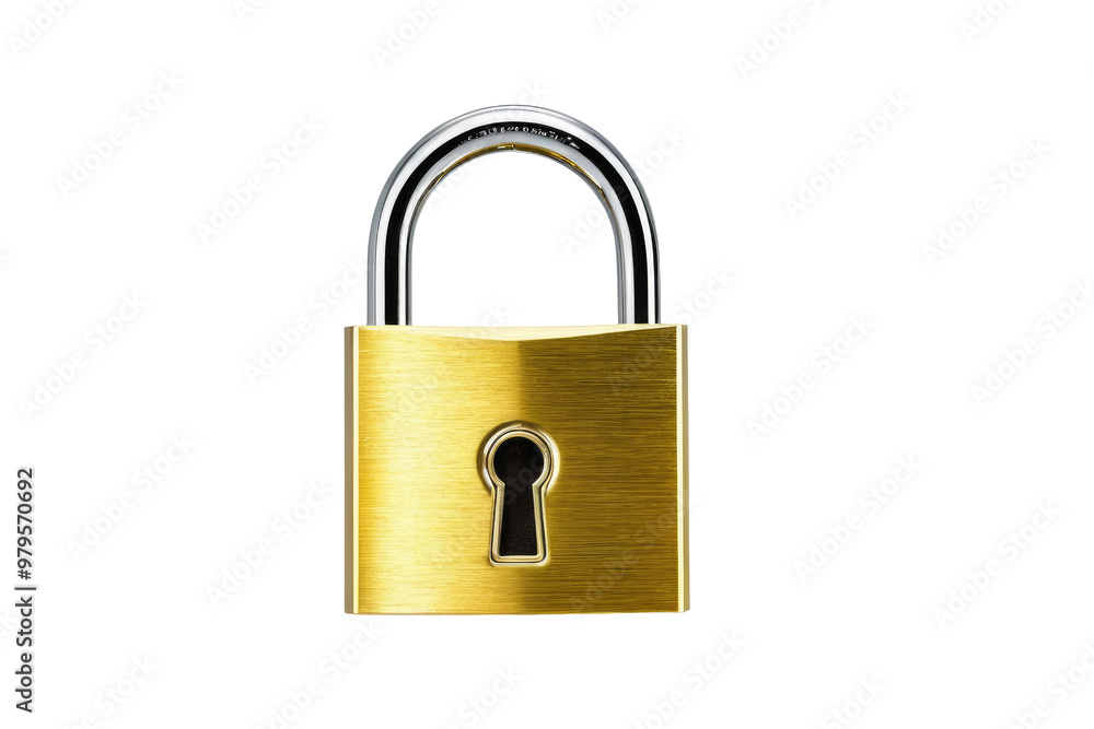 Golden padlock, full body, centered, isolated on white background, reflecting a high quality stock photograph, contrasting textures, studio lighting, minimalistic design, macro shot