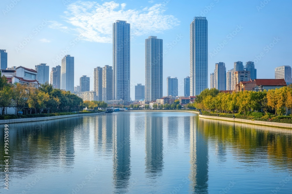 An open view of the river and modern urban architecture skyline panorama in Tianjin China with generative ai An open view of the river and modern urban architecture skyline panorama in Tianjin China with generative ai