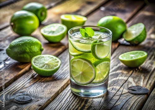 Fresh lime slices float in a glass of chilled water, set against a natural background and resting on a rustic wooden table, epitomizing refreshing hydration.